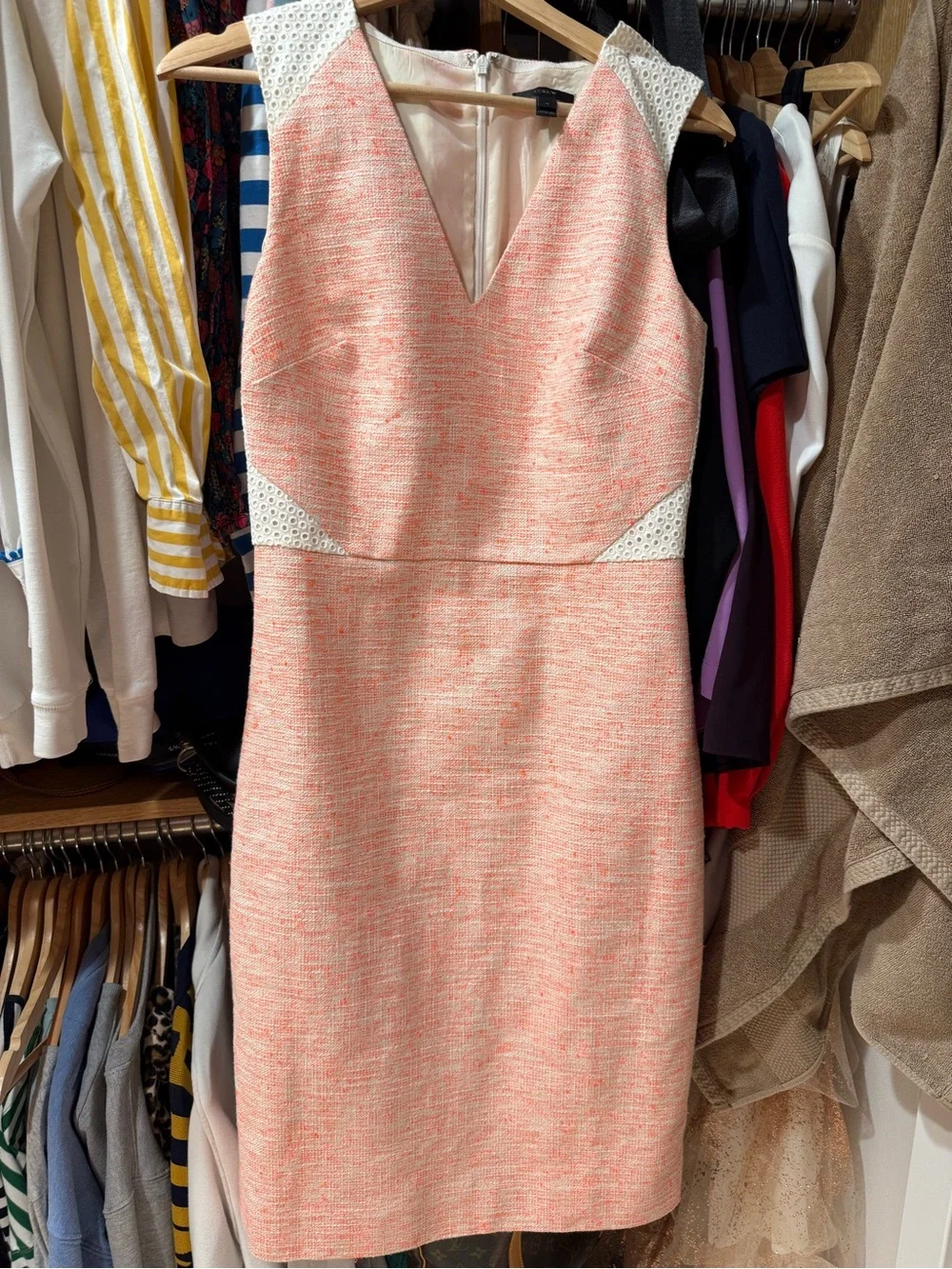 J. Crew Coral Pink Tweed V-Neck Sheath Dress with White Eyelet Trim